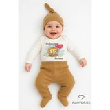 Babyden's Babasının Aslanı Baskılı 3’lü Bebek Takımı Uzun Kol Çıtçıtlı Zıbın, Ribana Pantolon, Bere %100 Pamuk - 6 - 9 Ay - Kahverengi