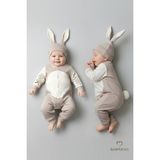 Babyden's Bebek Tavşanlı Tulum Şapka Set %100 Pamuklu Çıtçıtlı,ayarlanır Ponponlu Unisex Yenidoğan Tulum Seti - Bej - 6 - 9 Ay