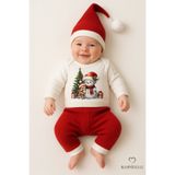BABYDEN'S Bebek Yılbaşı Noel Kıyafeti 3’lü Takımı Snowman Baskılı Body,Kırmızı Fitilli Pantolon,Noel Şapkası