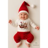 Babyden's Bebek Yılbaşı Noel Kıyafeti 3’lü Takım,noel Baskılı Uzun Kollu Body,fitilli Pantolon,ponponlu Şapka - Kırmızı - Beyaz - 6 - 9 Ay