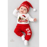 BABYDEN'S Bebek Yılbaşı Takımı İlk Yılbaşım Baskılı Noel Kıyafeti %100 Pamuk 3'lü Body Pantolon Noel Şapkası Yılbaşı Kostüm