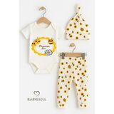 Babyden's Dayısının Balı Yazılı 3’lü Bebek Takımı Pamuklu Kısa Kollu Çıtçıtlı Body, Arı Desenli Pantolon,bere - 0 - 3 Ay - Ekru - Sarı