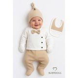 Babyden's Erkek Bebek Hastane Çıkışı 5'li Takım %100PAMUK Ribana Kumaş Papyonlu Zıbın, Şapka,eldiven,önlük,alt - Yenidoğan - Bej