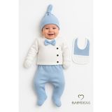 Babyden's Erkek Bebek Hastane Çıkışı 5'li Takım %100PAMUK Ribana Kumaş Papyonlu Zıbın, Şapka,eldiven,önlük,alt - Yenidoğan - Mavi