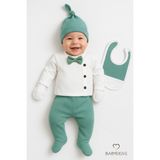 Babyden's Erkek Bebek Hastane Çıkışı 5'li Takım %100PAMUK Ribana Kumaş Papyonlu Zıbın, Şapka,eldiven,önlük,alt - Yenidoğan - Yeşil