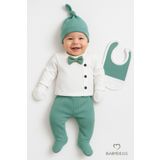 BABYDEN'S Erkek Bebek Hastane Çıkışı 5'li Takım %100Pamuk Ribana Kumaş Papyonlu Zıbın, Şapka,Eldiven,Önlük,Alt