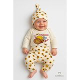 Babyden's Halasının Balı 3’lü Yenidoğan Takım %100 Pamuk Uzun Kol Body,çiçek Arı Desenli Ribana Pantolon,bere - Ekru - Sarı - 3 - 6 Ay