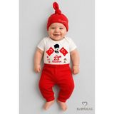 Babyden's Ilk 23 Nisan Bayramı Bebek Takımı Atatürk Baskılı %100 Pamuk Kısa Kollu Body Pantolon Şapka Seti - 0 - 3 Ay - Kırmızı - Beyaz