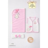 Babyden's Kız Bebek 3’lü Set Pamuklu Kalp Jakar Desenli Fil Baskılı Yelek ,battaniye ,saç Bandı,yenidoğan Seti - Pembe - Ekru - 3 - 6 Ay