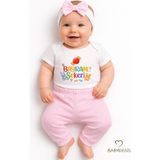 Babyden's Kız Bebek Bayramlık 3'lü Takım Bayram Şekeri Baskılı Pamuklu Body Pantolon Fiyonk Saç Bandı Kombini - 0 - 3 Ay - Pembe