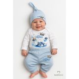 Babyden's Little Prince 3’lü Erkek Bebek Takımı – Uzun Kollu %100 Pamuk Body, Pantolon ve Şapka Seti Mavi - Mavi - Beyaz - 6 - 9 Ay