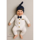 Babyden's Mini Boss Erkek Bebek Papyonlu Şapkalı Tulum Seti %100 Pamuk Hastane Çıkışı Lacivert