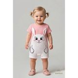 Babyden's Tavşan Figürlü Kız Bebek Şortlu Tulum %100 Pamuk Yazlık Tulum Günlük Bebek Tulumu 0-9 Ay - Pudra Pembe - 0 -3 Ay