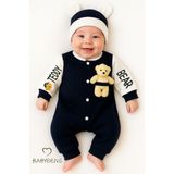 Babyden's Teddy Bear Temalı Yenidoğan Fitilli Tulum Takımı Ayıcıklı Erkek Bebek Tulum Şapka Set PAMUK - Lacivert - 9 - 12 Ay
