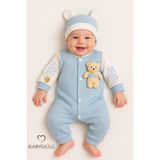 Babyden's Teddy Bear Temalı Yenidoğan Fitilli Tulum Takımı Ayıcıklı Erkek Bebek Tulum Şapka Set PAMUK - Mavi - 6 - 9 Ay