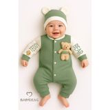 Babyden's Teddy Bear Temalı Yenidoğan Fitilli Tulum Takımı Ayıcıklı Erkek Bebek Tulum Şapka Set PAMUK - Yeşil - 3 - 6 Ay