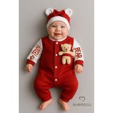 Babyden's Teddy Bear Temalı Yenidoğan Fitilli Tulum Takımı Ayıcıklı Kız Bebek Tulum Şapka Set Pamuk - Bordo - 6 - 9 Ay