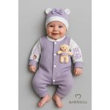 Babyden's Teddy Bear Temalı Yenidoğan Fitilli Tulum Takımı Ayıcıklı Kız Bebek Tulum Şapka Set Pamuk - Mor - 0 - 3 Ay