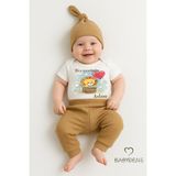 Babyden's Teyzesinin Aslanı 3’lü Bebek Takımı %100 Pamuk Fitilli Kumaş Kısa Kollu Zıbın, Manşetlialt, Bere Set - 3 - 6 Ay - Kahverengi