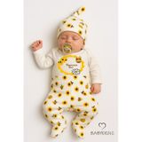 Babyden's Teyzesinin Balı Yazılı 3lü Yenidoğan Takımı Arı Desenli Patikli Alt,bere,çıtçıtlı Uzun Kollu Body Ekru
