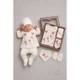 Babyden's Yenidoğan Kız Bebek Mevlit Takımı %100 Pamuk 5'li Hastane Çıkışı Kelebek Nakışlı Set - Ekru