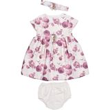 Babydola Gül Baskılı Kısa Kollu Kız Bebek Elbise 3'lü Set Bandana Külot Elbise - 2 Yaş - Ekru