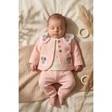 Babydonat Aura Kız Bebek 3'lü Takım - Dantel Yakalı Waffle Örgü Hırka, Pamuklu Body ve Pantolon Seti - - Pembe