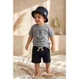 Babydonat Bebek ve Çocuk 3'lü Marin Set - Çapa Baskılı Pamuklu Tişört, Keten Görünümlü Şort ve Bucket Şapka Kombini - 2 Yaş - Füme