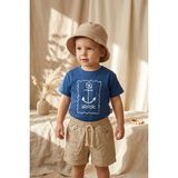 Babydonat Bebek ve Çocuk 3'lü Marin Set - Çapa Baskılı Pamuklu Tişört, Keten Görünümlü Şort ve Bucket Şapka Kombini - Krem