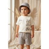 Babydonat Erkek Çocuk %100 Pamuklu Seek The Adventure Baskılı Tişört, Keten Görünümlü Şort ve Şapka 3'lü Kombin Set - Gri