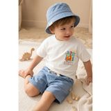 Babydonat Erkek Çocuk Beyaz Diplodocus Baskılı T-Shirt, Mavi Keten Görünümlü Şort ve Bucket Şapka 3'lü Yazlık Kombin Takım - 3 Yaş