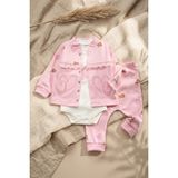 Babydonat Kız Bebek Pembe Ayıcık ve Kalp Desenli Dantel Detaylı 3'lü Takım - %100 Pamuklu Hırka, Body V - 0 - 3 Ay