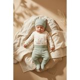 Babydonat Nova Pamuklu 3’lü Bebek Takımı - 0-3 Ay Mint Yeşili Fitilli Legging, Uzay Temalı Kruvaze Üst Alt ve Bere Seti - 0 - 3 Ay