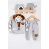 Babydonat Peluş Ayıcık Desenli Kapişonlu 3'lü Erkek Bebek Takımı - 3 - 6 Ay - Gri