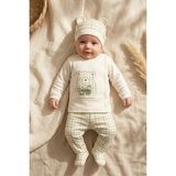 Babydonat Teddy Hug Pamuk Dokulu Ayıcık Figürlü 3'lü Bebek Takımı - 0-3 Ay Ekru Yeşil Kareli Bebek Takımı ve Şapka Seti - 0 - 3 Ay