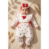 Babydonat Valentina Kız Bebek Kırmızı Kalp Desenli Fırfır Detaylı Fitilli Pamuk Tulum ve Fiyonk Bandana