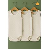 Babyhola 0-3 Yaş %100 Pamuk Geniş Askılı 3'lü Bebek Badi Kalp Desenli Dokuma Bebek Çıtçıtlı Body Ekru 1080