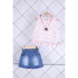Babyhola 2-5 Yaş Kolyeli Bluz Kot Şort Yazlık Şık Kız Çocuk Bayramlık Takım 10081 - Açık Pembe - 4 Yaş