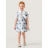 Babyhola 3-7 Yaş Japon Stil Bebe Yaka Çiçek Desenli Saten Kız Çocuk Özel Gün Elbise 7092 - 6 Yaş - Mavi