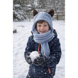 Babyhola 7-14 Yaş Kız Erkek Çocuk Kışlık Kulaklı Peluş Tek Parça Atkı Bere Cepli Eldiven Mavi 1300
