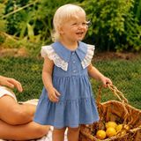 Babyilay Kız Bebek Kot Elbise Dantel Yakalı Fırfırlı Jean Salopet Elbise - Açık Mavi - 4 Yaş