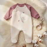 Babyilay Kız Bebek Tavşan Nakışlı Pamuklu Tulum - Patlı Bacak Arası Çıtçıtlı Sağlayan Bebek Body - Bej - Pembe - 6 - 9 Ay
