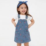 Babyilay Kız Çocuk Çilek Nakışlı Kot Jile Elbise Denim Salopet - Mavi - 2 Yaş