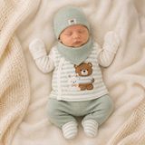 Babyim 5 Parça Bebek Takımı Ayıcık Tavşan Desenli Üst Pantolon Şapka Önlük Eldiven Su Yeşili - Su Yeşili - Beyaz - Yenidoğan