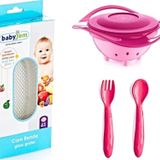 Babyjem Cam Rende + Dökülmeyen Tabak Pembe + Mama Kaşık Çatal Takımı