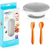 Babyjem Cam Rende + Vakumlu Mama Tabağı Gri + Mama Kaşık Çatal Takımı Sarı