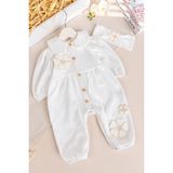 Babymod Bebe Yaka Çiçek Motifli 100% Pamuk Bandanalı Kız Bebek Tulum - Krem - 6 - 9 Ay
