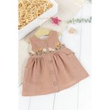 Babymod Çiçek Desenli Askılı Önden Düğmeli Yazlık Müslin Kız Bebek Elbise - Kahverengi - 9 - 12 Ay