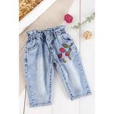 Babymod Çilek Nakışlı Denim Kumaşlı Beli Lastikli Kız Bebek Kot Pantolon - Mavi - 12 - 18 Ay