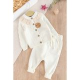 Babymod Dantel Yakalı Triko Kız Bebek Hırka Pantolon Takım Triko Bebek Seti - Krem - 6 Ay